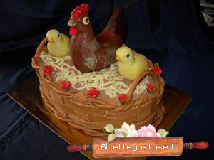 Torta cesto con gallina e pulcini al cioccolato