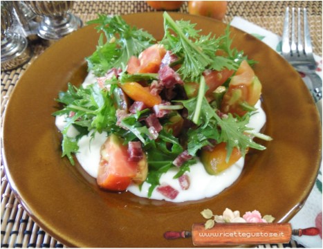 insalata di pomodori bastoncino mizuna verde salame di asino e squacquerone