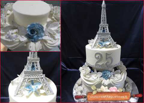 torta decorata torre eiffel con rose ed orchidee